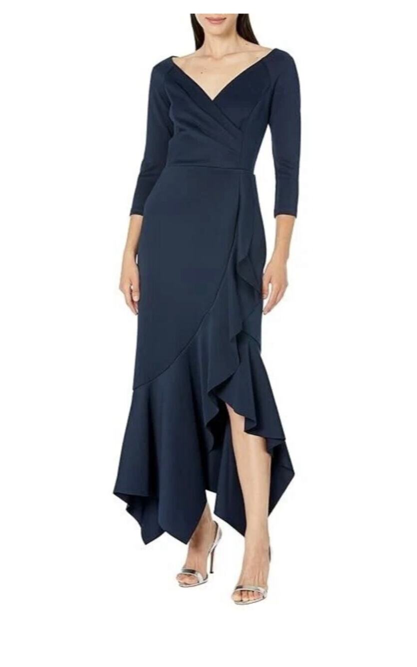 XSCAPE Midnight Blue Long Sleeve Ruffle Scuba Dress - 6 (New)